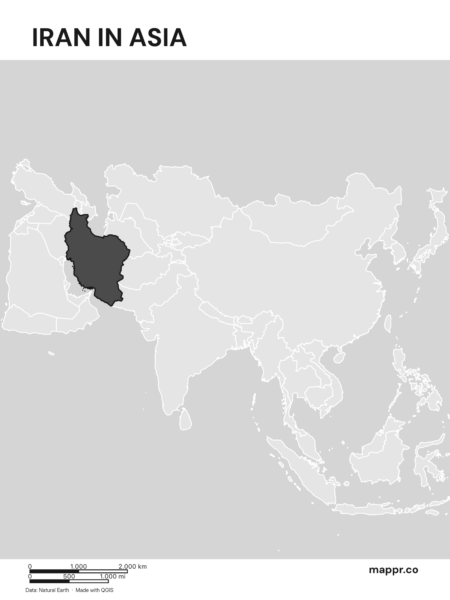 A map highlighting Iran's location on the asian continent (black and white).