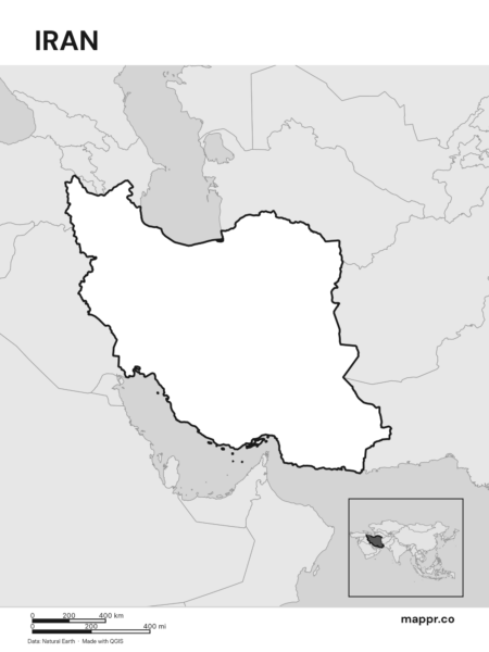 Outline map of Iran with detailed country borders (black and white).