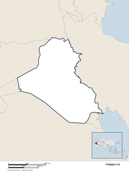 Blank political map of Iraq showing its international borders without labels.