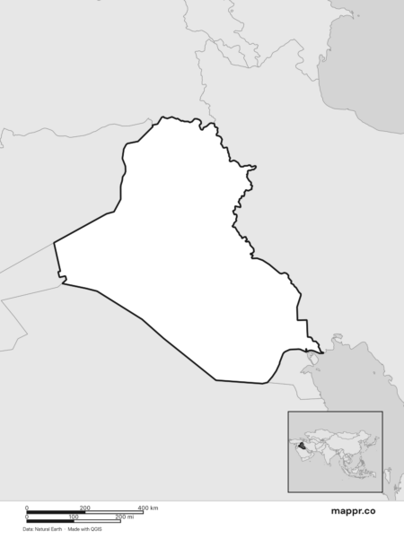 Blank political map of Iraq showing its international borders without labels (black and white).