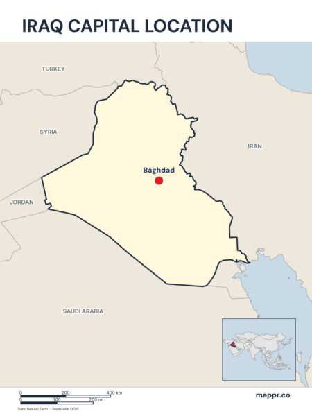 Detailed map pinpointing Baghdad, the capital of Iraq.
