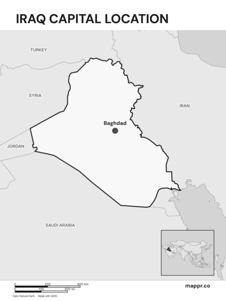 Detailed map pinpointing Baghdad, the capital of Iraq (black and white).