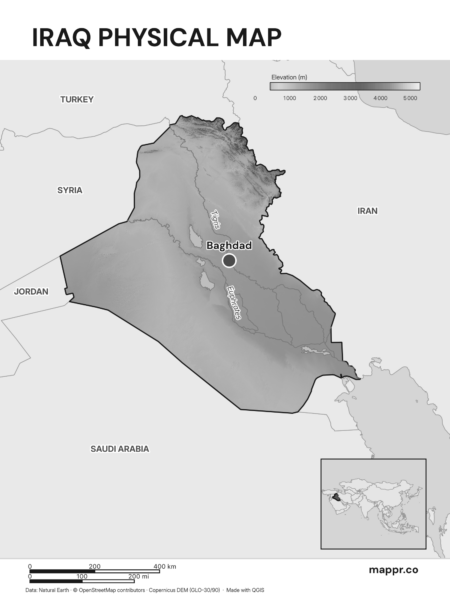 Map featuring Baghdad, the capital of Iraq, with rich topographical detail (black and white).