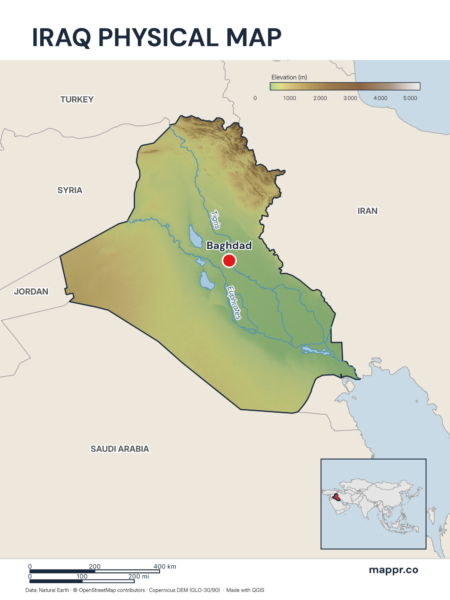 Map featuring Baghdad, the capital of Iraq, with rich topographical detail.