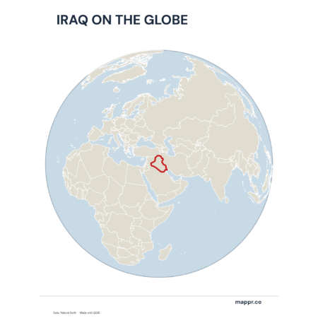 A map highlighting Iraq's location on a globe, marked with a red outline.