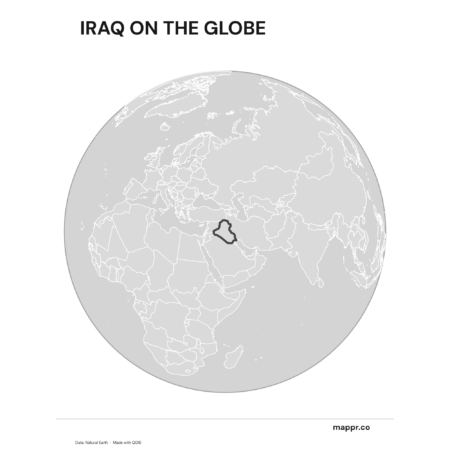 A map highlighting Iraq's location on a globe, marked with a red outline (black and white).