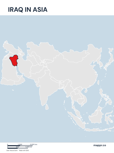 A map highlighting Iraq's location on the asian continent.