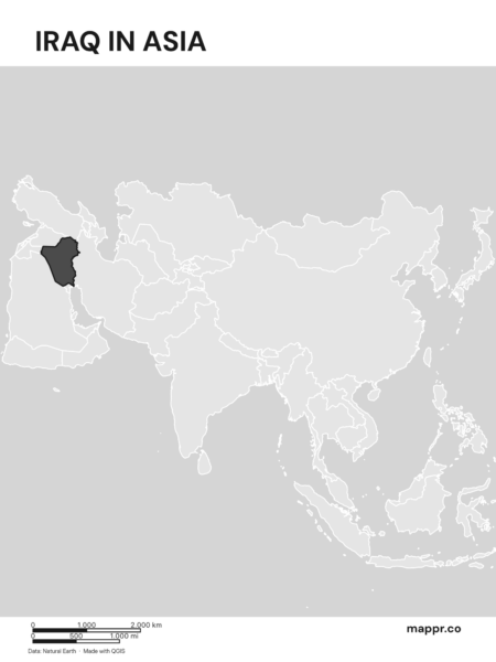 A map highlighting Iraq's location on the asian continent (black and white).