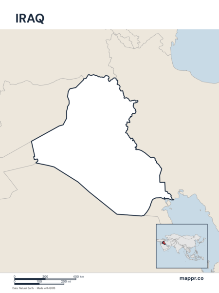 Outline map of Iraq with detailed country borders.