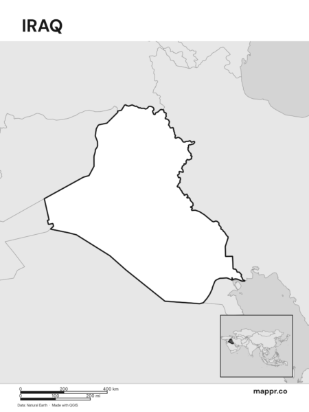 Outline map of Iraq with detailed country borders (black and white).