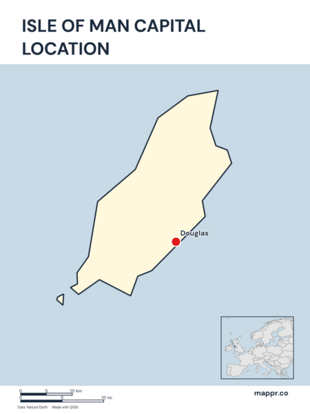 Detailed map pinpointing Douglas, the capital of Isle of Man.