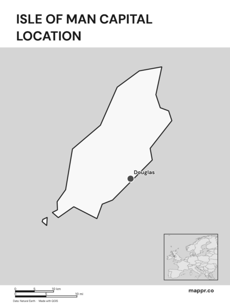 Detailed map pinpointing Douglas, the capital of Isle of Man (black and white).