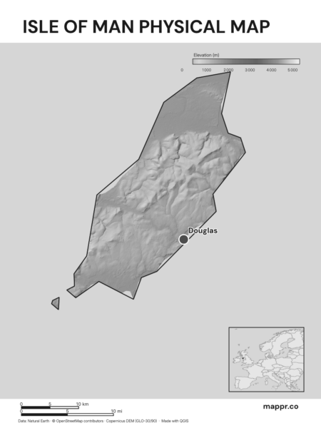 Map featuring Douglas, the capital of Isle of Man, with rich topographical detail (black and white).