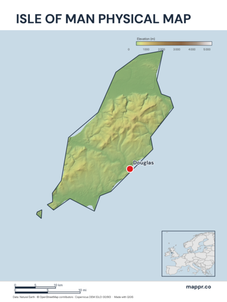 Map featuring Douglas, the capital of Isle of Man, with rich topographical detail.