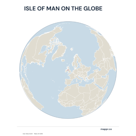 A map highlighting Isle of Man's location on a globe, marked with a red outline.