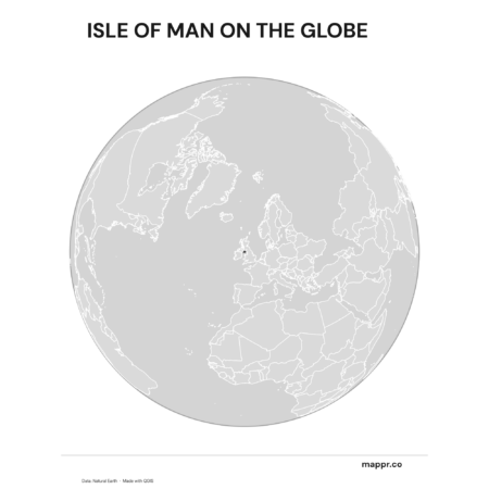 A map highlighting Isle of Man's location on a globe, marked with a red outline (black and white).