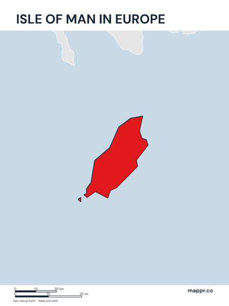 A map highlighting Isle of Man's location on the european continent.