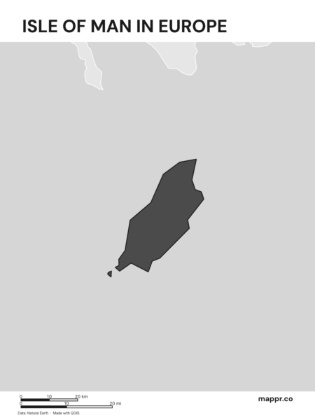 A map highlighting Isle of Man's location on the european continent (black and white).