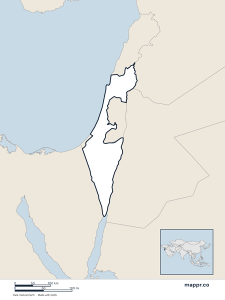 Blank political map of Israel showing its international borders without labels.