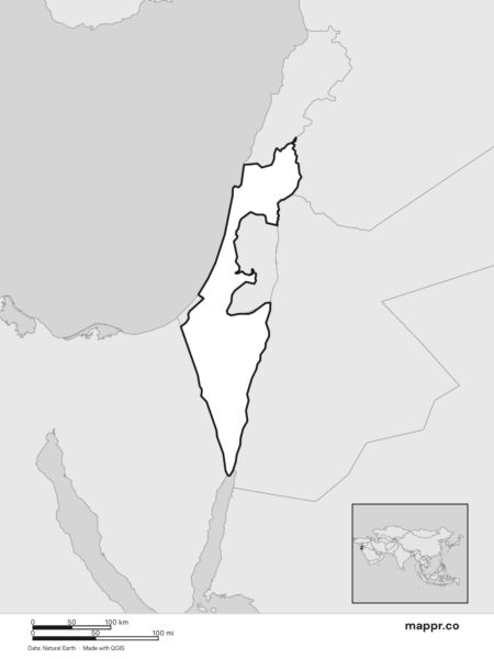 Blank political map of Israel showing its international borders without labels (black and white).