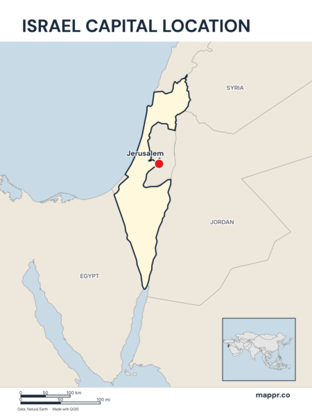 Detailed map pinpointing Jerusalem, the capital of Israel.