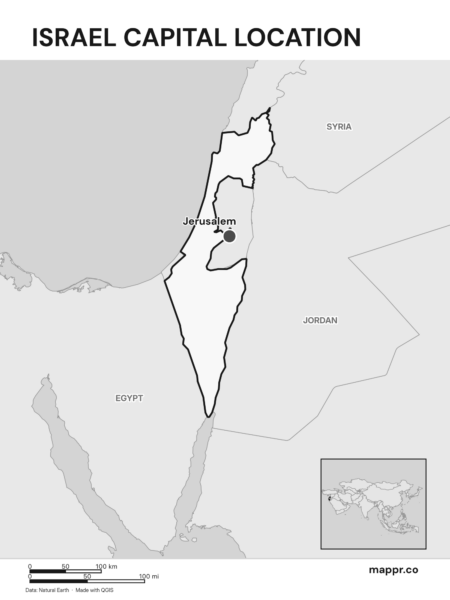 Detailed map pinpointing Jerusalem, the capital of Israel (black and white).