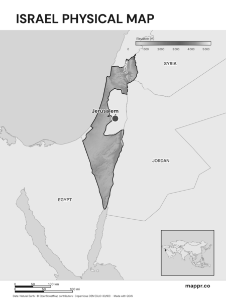 Map featuring Jerusalem, the capital of Israel, with rich topographical detail (black and white).