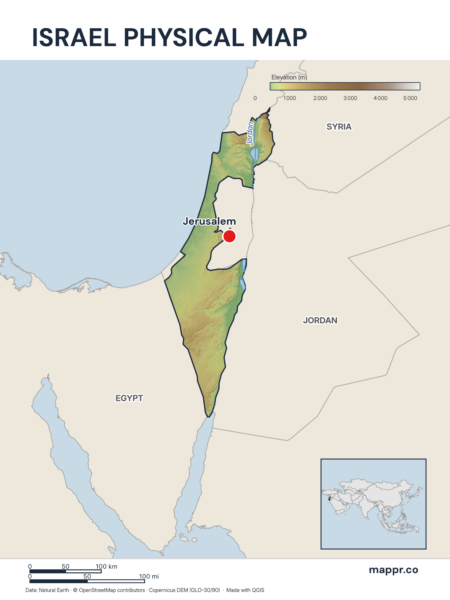 Map featuring Jerusalem, the capital of Israel, with rich topographical detail.