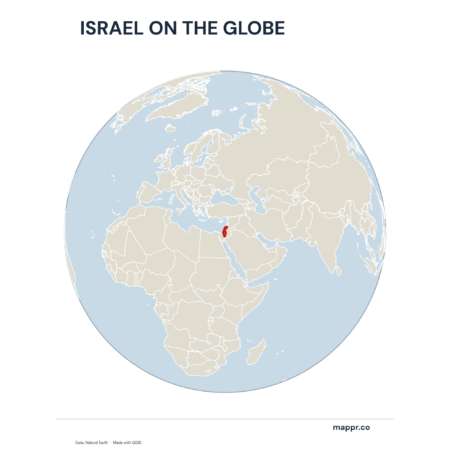 A map highlighting Israel's location on a globe, marked with a red outline.