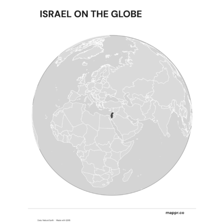 A map highlighting Israel's location on a globe, marked with a red outline (black and white).