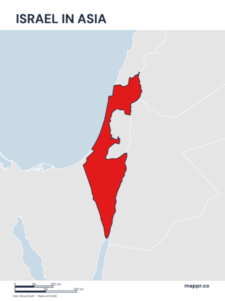 A map highlighting Israel's location on the asian continent.