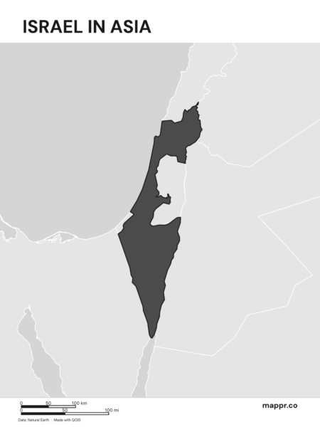 A map highlighting Israel's location on the asian continent (black and white).