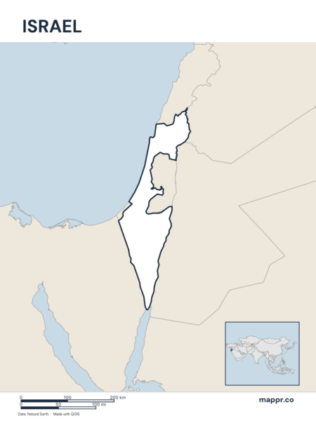 Outline map of Israel with detailed country borders.