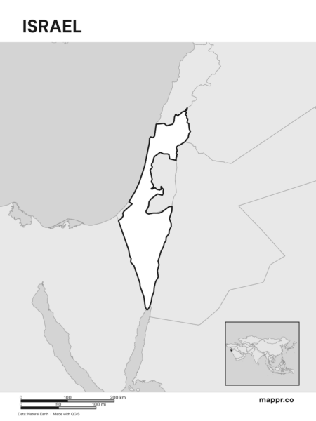 Outline map of Israel with detailed country borders (black and white).