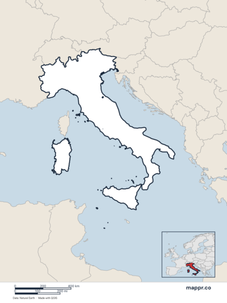 Blank political map of Italy showing its international borders without labels.