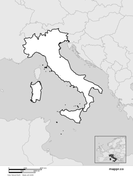 Blank political map of Italy showing its international borders without labels (black and white).