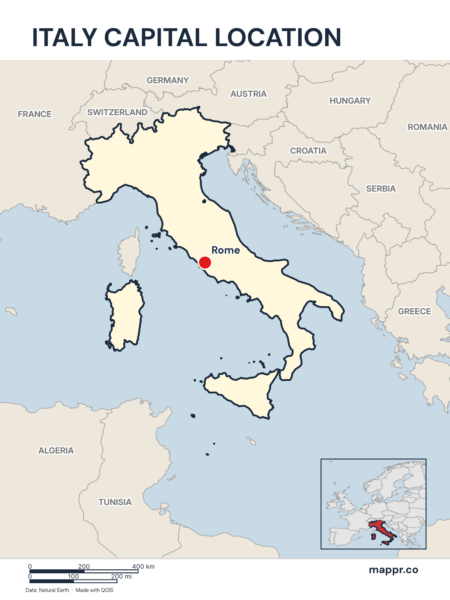 Detailed map pinpointing Rome, the capital of Italy.