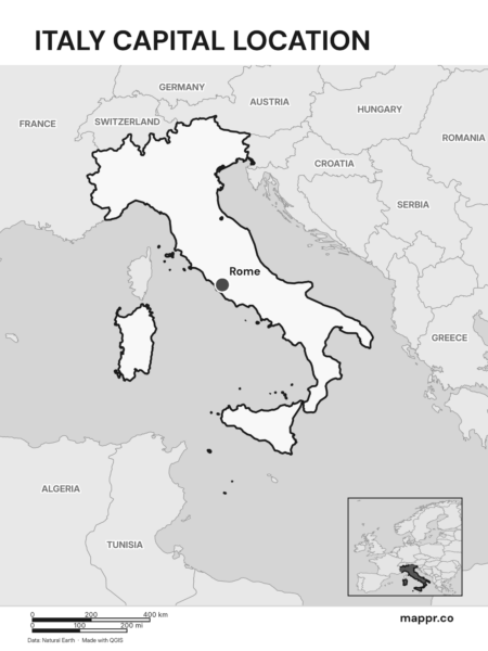 Detailed map pinpointing Rome, the capital of Italy (black and white).