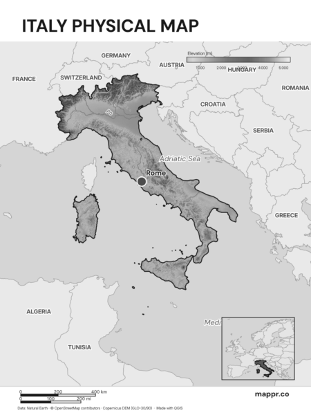 Map featuring Rome, the capital of Italy, with rich topographical detail (black and white).
