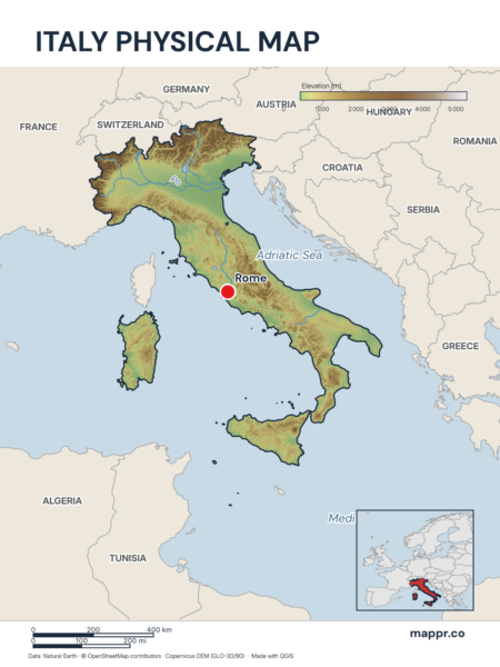 Map featuring Rome, the capital of Italy, with rich topographical detail.