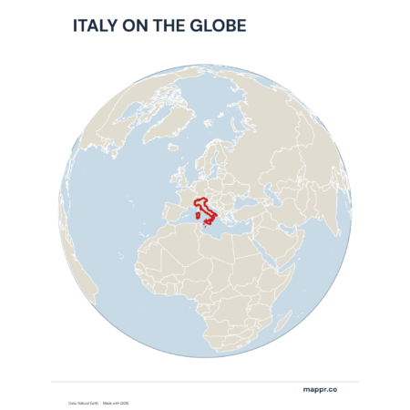 A map highlighting Italy's location on a globe, marked with a red outline.