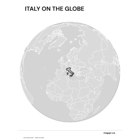 A map highlighting Italy's location on a globe, marked with a red outline (black and white).