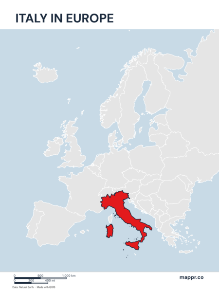 A map highlighting Italy's location on the european continent.