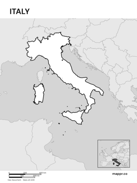 Outline map of Italy with detailed country borders, showcasing its geographical shape (black and white).