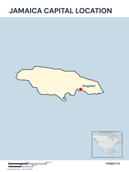 Detailed map pinpointing Kingston, the capital of Jamaica.