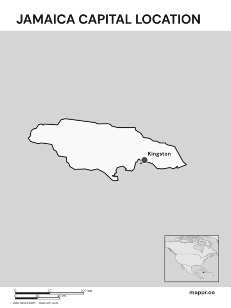 Detailed map pinpointing Kingston, the capital of Jamaica (black and white).