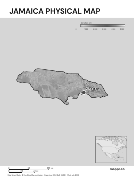 Map featuring Kingston, the capital of Jamaica, with rich topographical detail (black and white).