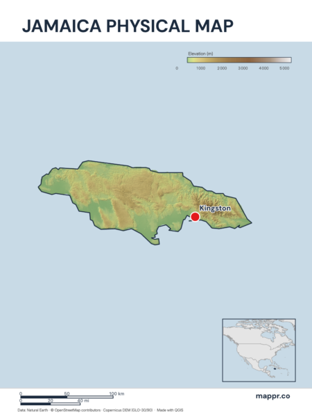 Map featuring Kingston, the capital of Jamaica, with rich topographical detail.