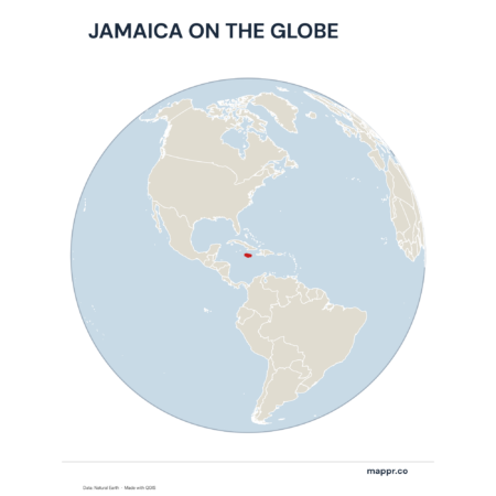 A map highlighting Jamaica's location on a globe, marked with a red outline.