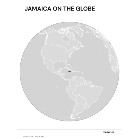 A map highlighting Jamaica's location on a globe, marked with a red outline (black and white).